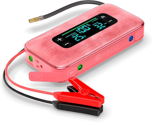 HALO Bolt Ultimate 3 Portable Car Battery Jump Starter | 130 PSI Air Compressor, 55.5Wh USB Power Bank, Large Display, Emergency Floodlight & Charger, Jumps Cars SUVs & Trucks, Inflates Tires — Pink