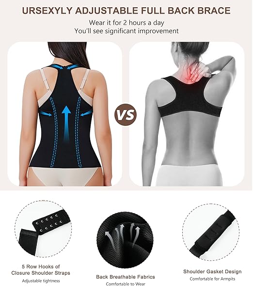 URSEXYLY Back Brace Posture Corrector for Women Adjustable Full Back Support Shoulder Straightener Upper and Lower Back Pain Relief(Black,XL)