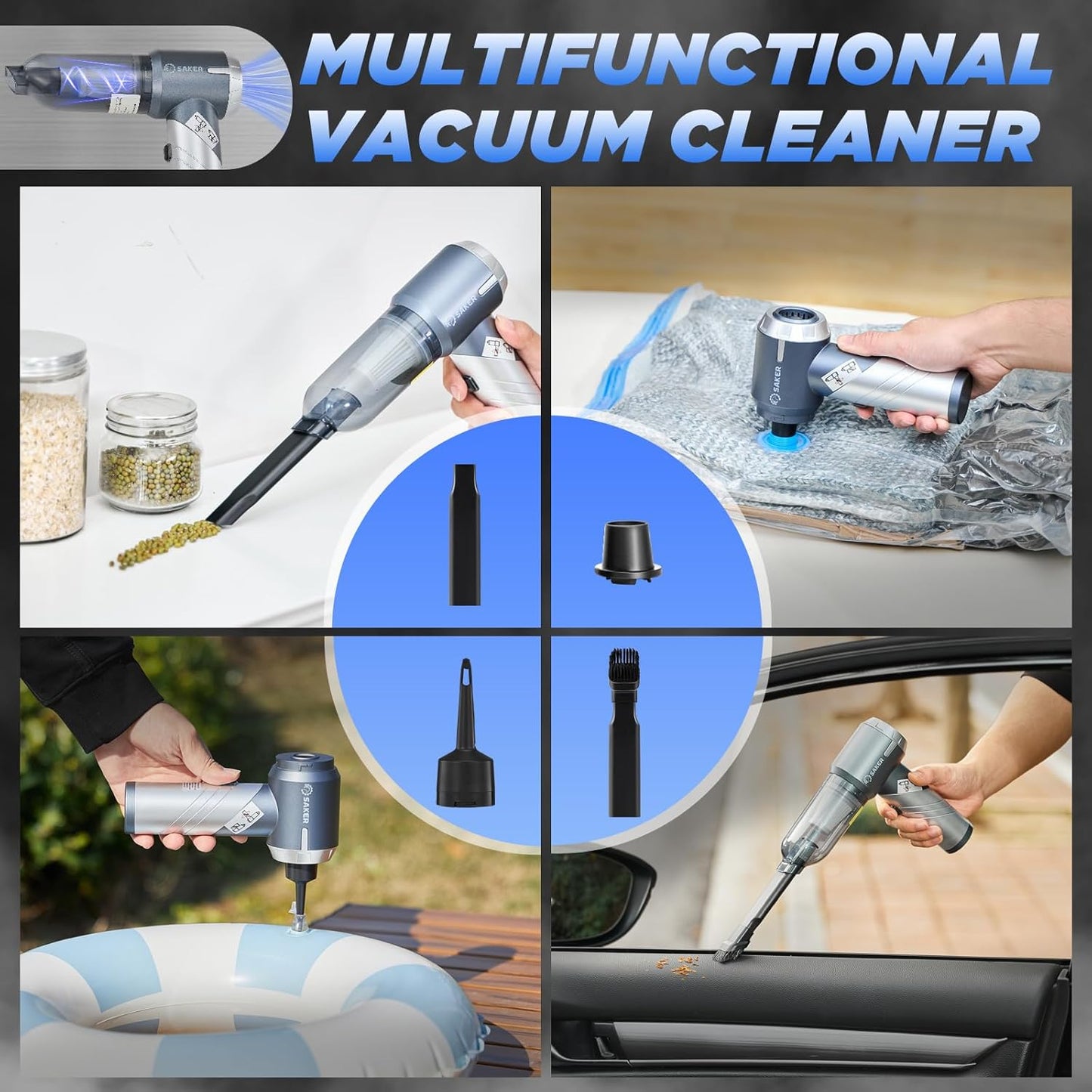 Saker Car Vacuum Cleaner 17000PA Foldable 3 in 1 Mini Handheld Car Vacuum Portable Cordless with Brushless Motor for Hair,Cars,Bedrooms,Offices Cleaning HL132 Silver