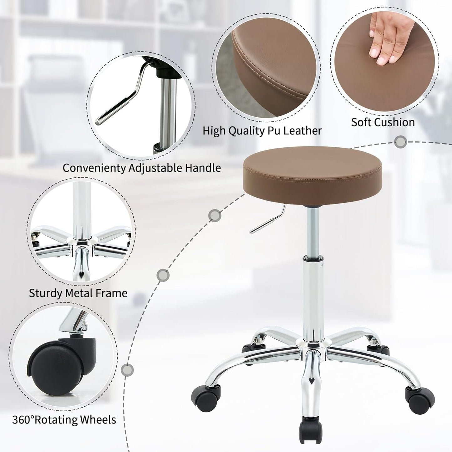 Adjustable Office Stool with Wheels 19.5’’-26.6’’, Brown Thick Cushion Backless Rolling Chair (Coffee Brown)