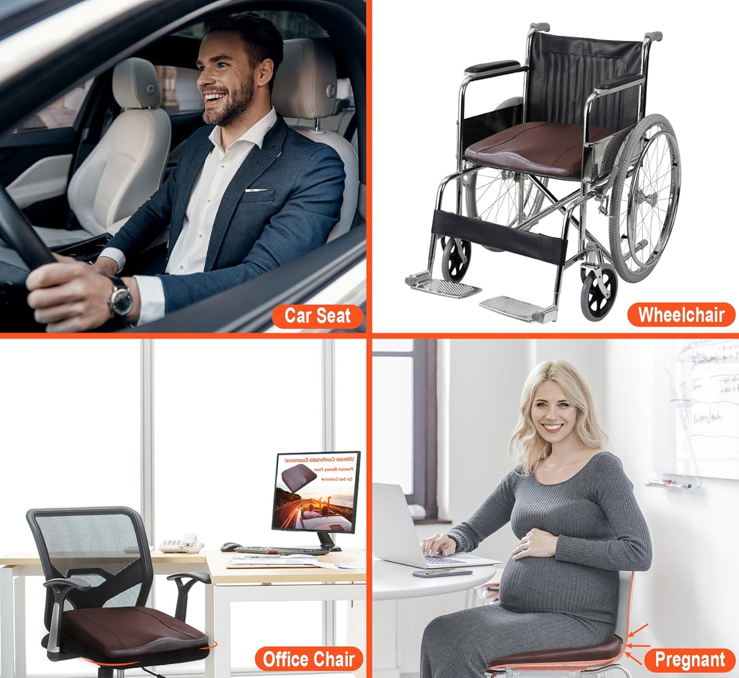 Car Seat Cushion, Comfort Memory Foam Car Cushions for Driving - Sciatica & Lower Back Pain Relief, Driver Seat Pillow for Auto, Office Chair, Wheelchair - Classic Brown