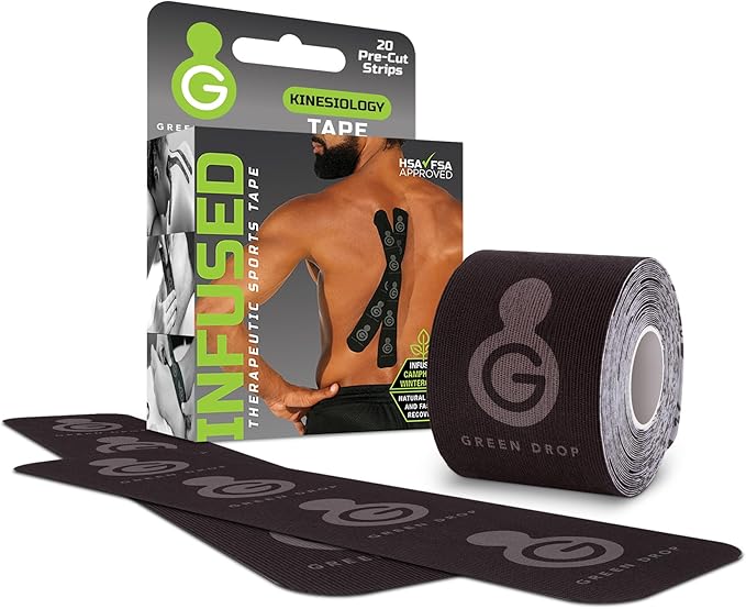Herbal-Infused, Therapeutic Sports Tape – Stretchable, Breathable & Patented Medical Grade Kinesiology Tape for Natural Relief in Muscles, 20 Precut, 10” Strips