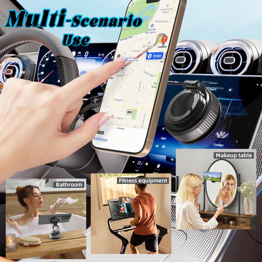 EnerCharge Magnetic Car Phone Holder, with 360° Adjustable & 3-Fold Extension, Upgraded Vacuum Suction Cup Cell Phone Mount for Car/Gym/Kitchen/Shower (Aluminum Alloy)