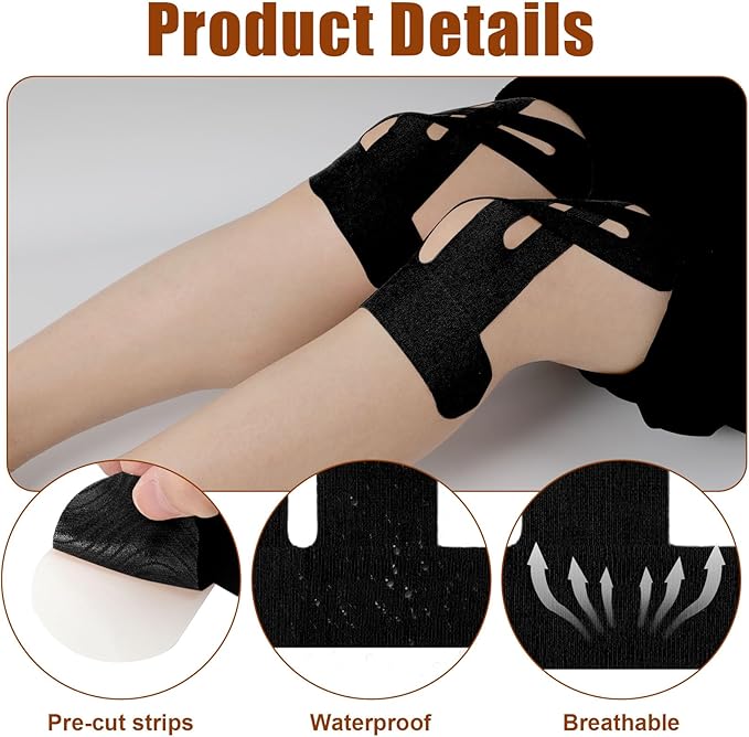 20 Pcs Kinesiology Tape for Knees, Black Athletic Tape, Waterproof & Breathable Kinesio Tape, Elastic Sports Tape for Knee Pain Relief, Kinesiology Tape Precut, Knee Tape, Muscle Tape for Knee Support