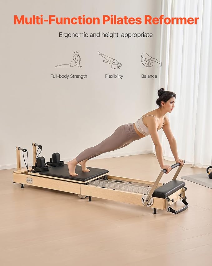 VEVOR Pilates Reformer Machine, Pilates Workout Equipment for Home Gym Studio Use, Pilates Bed with Dual Resistance- Spring & Cord, Reformer Set, Up to 400 LBS