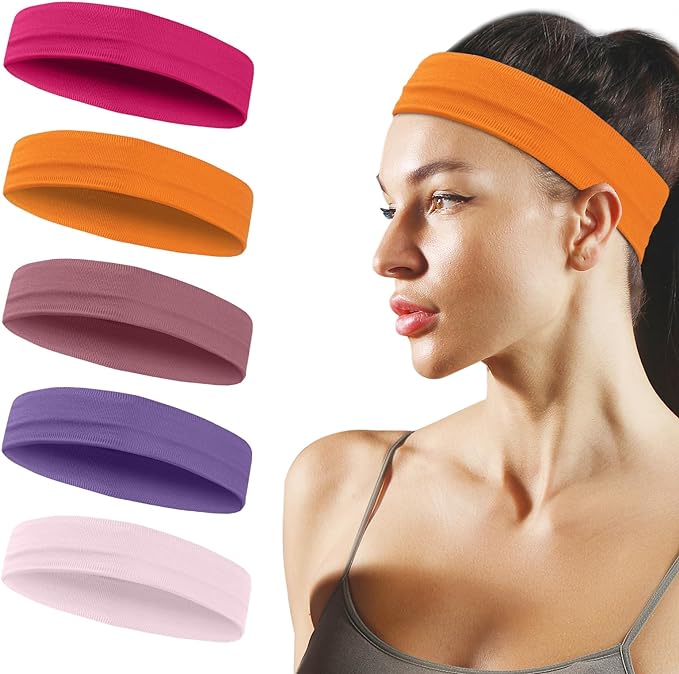 Sports Headbands for Women, 5 Pack Moisture Wicking Non Slip Sweatbands Fashionable Hairbands for Workout Yoga Running Gym