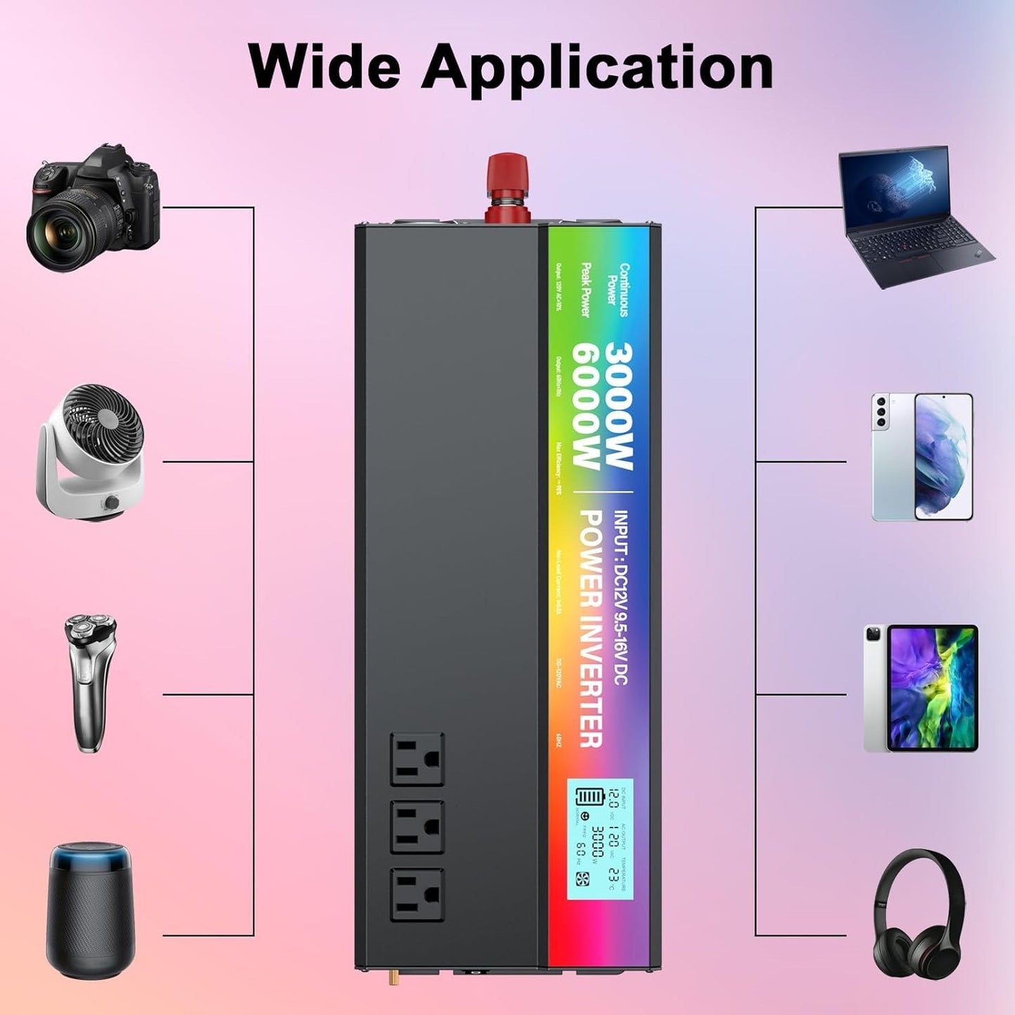 New Upgraded 3000 Watt Power Inverter,12V DC to 110V/120V AC Converter,6000W Peak Power with 3 AC Outlets,3.4A USB Port,LED Display Car Inverter for Vehicles,Truck,RV,Outdoor Activities,Solar System