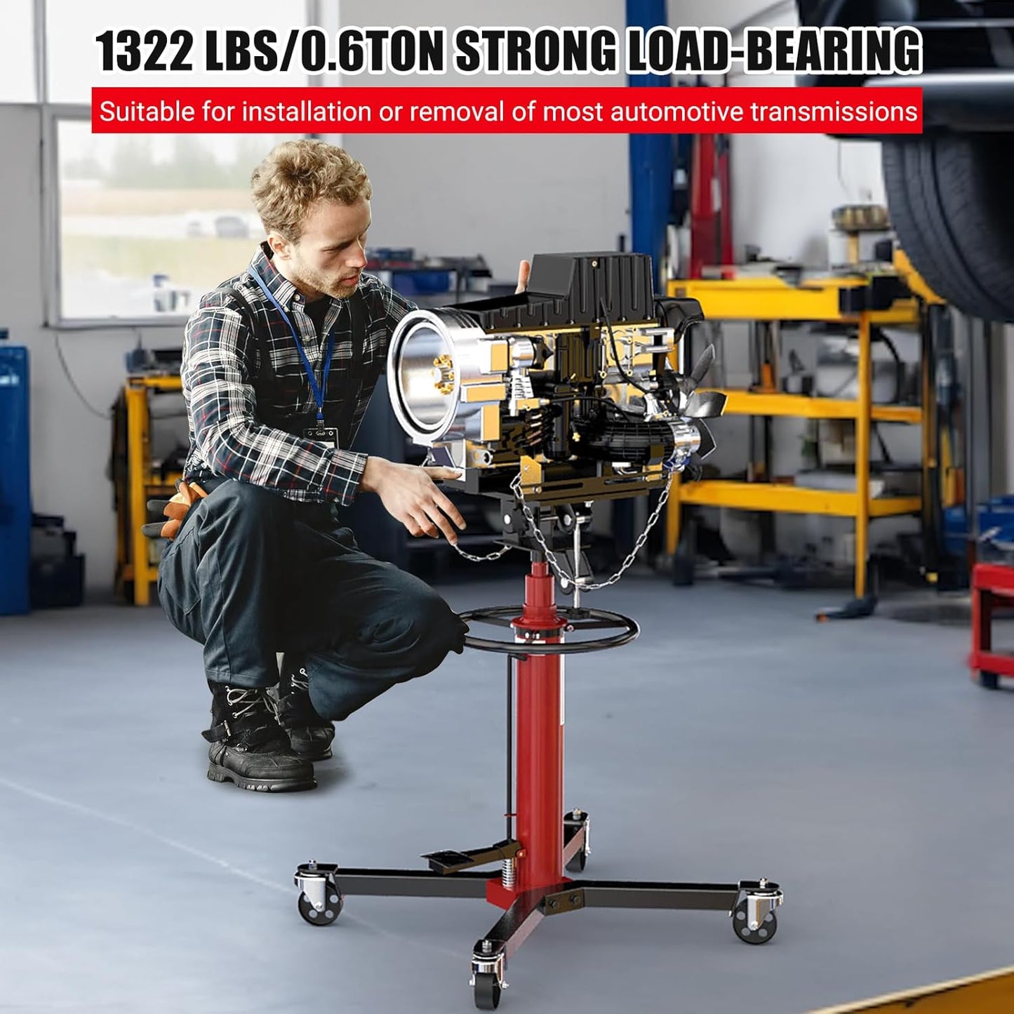 Transmission Jack, 1322lbs Hydraulic Telescoping Transmission Jack, 34.3"-68.5" High Lift, 2-Stage Transmission Jack Stand 3/5 Ton Capacity with Foot Pedal, 360° Swivel Wheel