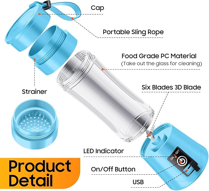 Cordless Personal Size Portable Blender - Blender Make Smoothies & Shakes, 12 Oz BAP Free Traveling Cup, Quickly Squeezed in Office/Picnic/Sprots