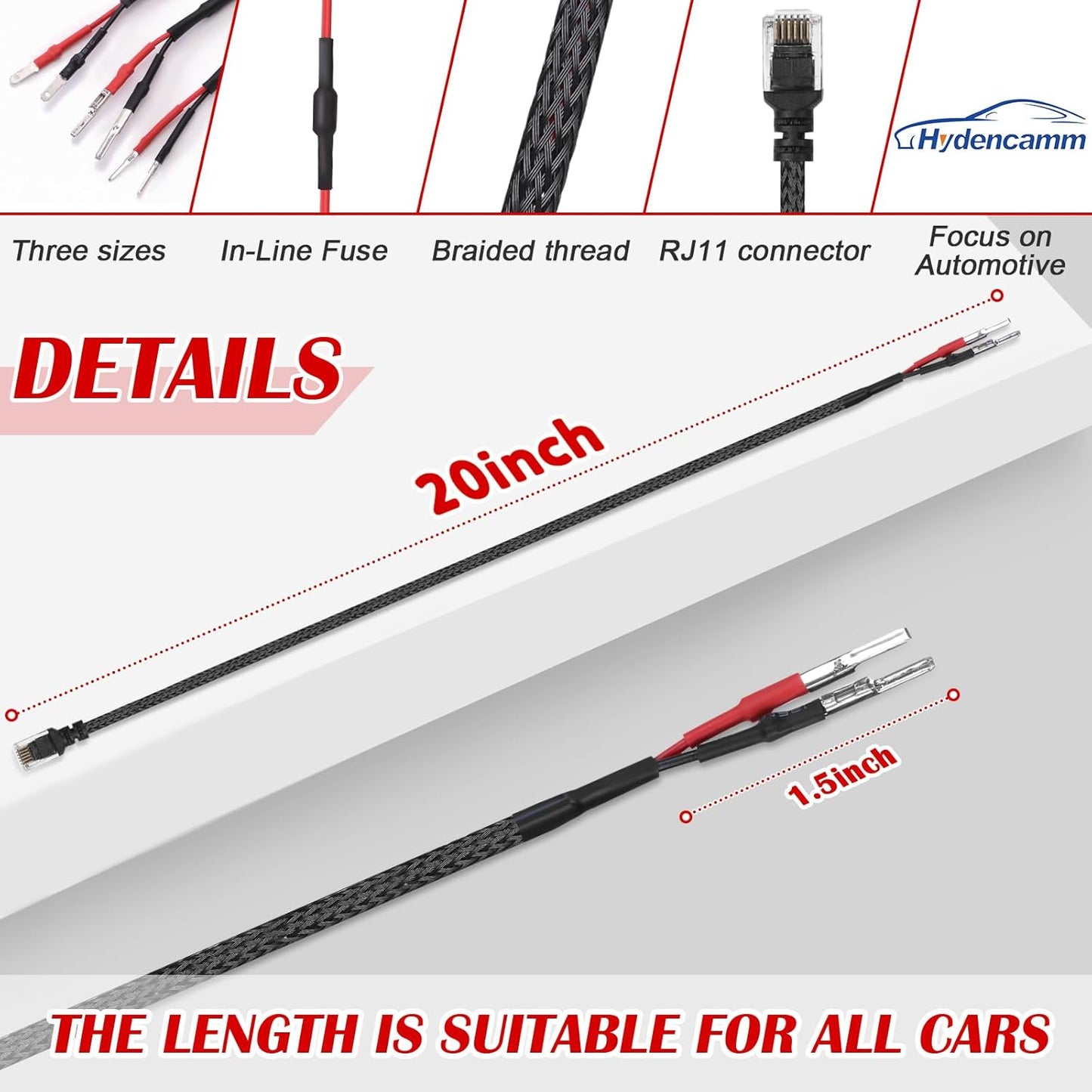 Upgrade 20" Mirror Plug Wire Tap, Radar Detector Hardwire Power Cord Kit with Inline Fuse Mount RJ11, Mirror Tap Radar Detector for Escort Valentine One Uniden Beltronics （Set of 3）