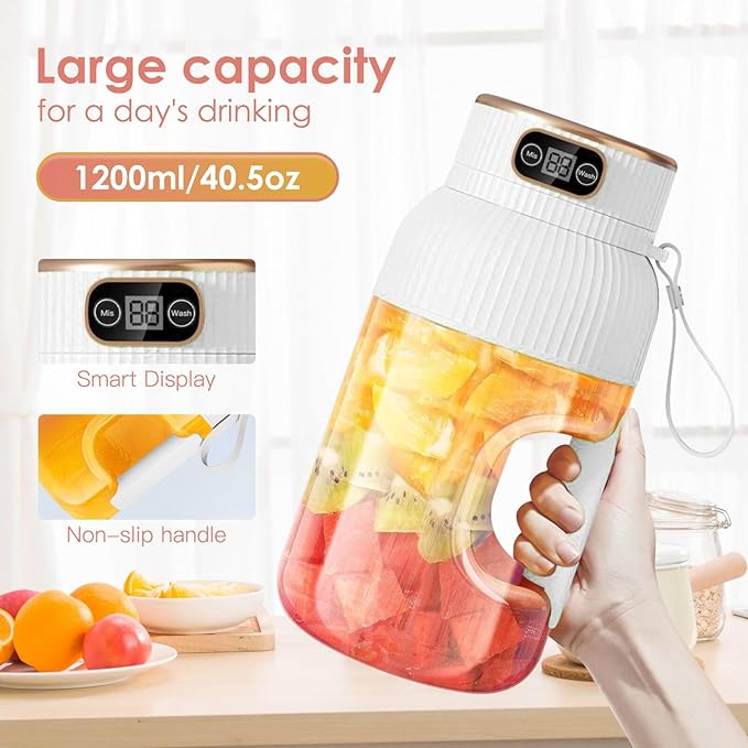 Portable Juicer Cup, Multifunctional Portable Juicer with Digital Display, 40 Oz BPA Free Smoothie Cup To Go, USB Rechargeable Electric Blender for Kitchen/Home/Travel - White
