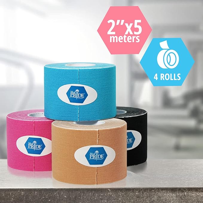 MED PRIDE Latex-Free Kinesiology Medical Tape 4 Rolls [2” X 16.4’] Sports Injury Tape for Pain Relief, Muscle & Joint Support