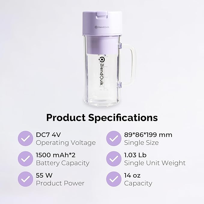 Personal Portable Blender For Shakes & Smoothies, Leakproof & Stylish Portable Mason Jar Shaker, Rechargeable Mini Blender with 10-Blade Blending System 14oz, Purple