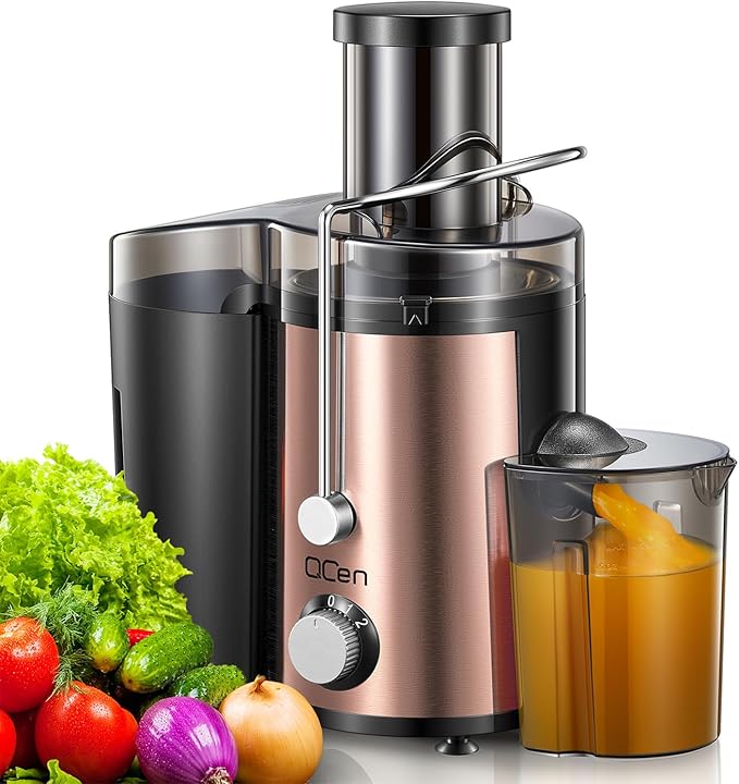 QCen Juicer Machine, 800W Centrifugal Juicer Extractor with Wide Mouth 3” Feed Chute for Fruit Vegetable, Easy to Clean, Stainless Steel, BPA-free (Rose Gold)