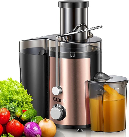 QCen Juicer Machine, 800W Centrifugal Juicer Extractor with Wide Mouth 3” Feed Chute for Fruit Vegetable, Easy to Clean, Stainless Steel, BPA-free (Rose Gold)