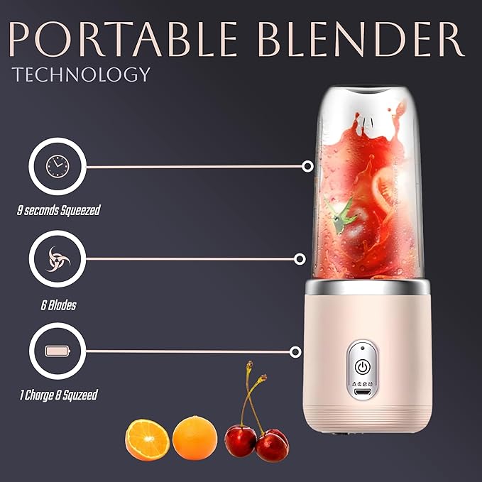 Paramexview® Portable Blender 14oz for Juices & Smoothies with 6 blades Puwerful performances Fusion Blender | USB Rechargeable, Lid, Cup included | Fit for travel and outdoor activities (Pink)