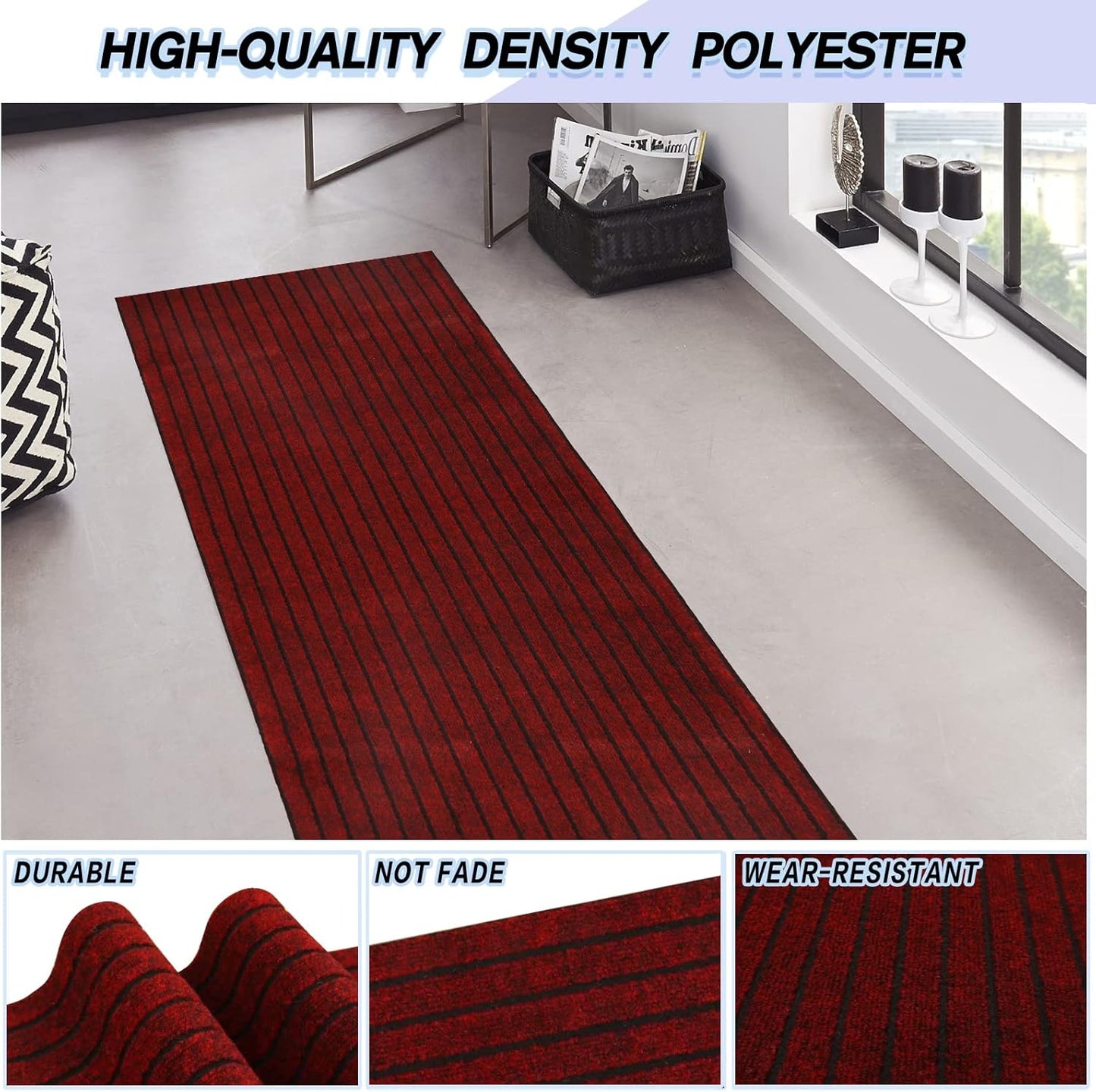 Custom Size Backed Non-Slip Area Rugs Runner, Easy Clean, Waterproof Runner Rugs for Hallway Entryway, Kitchen, Laundry, 3FT x 9FT, Red Stripe
