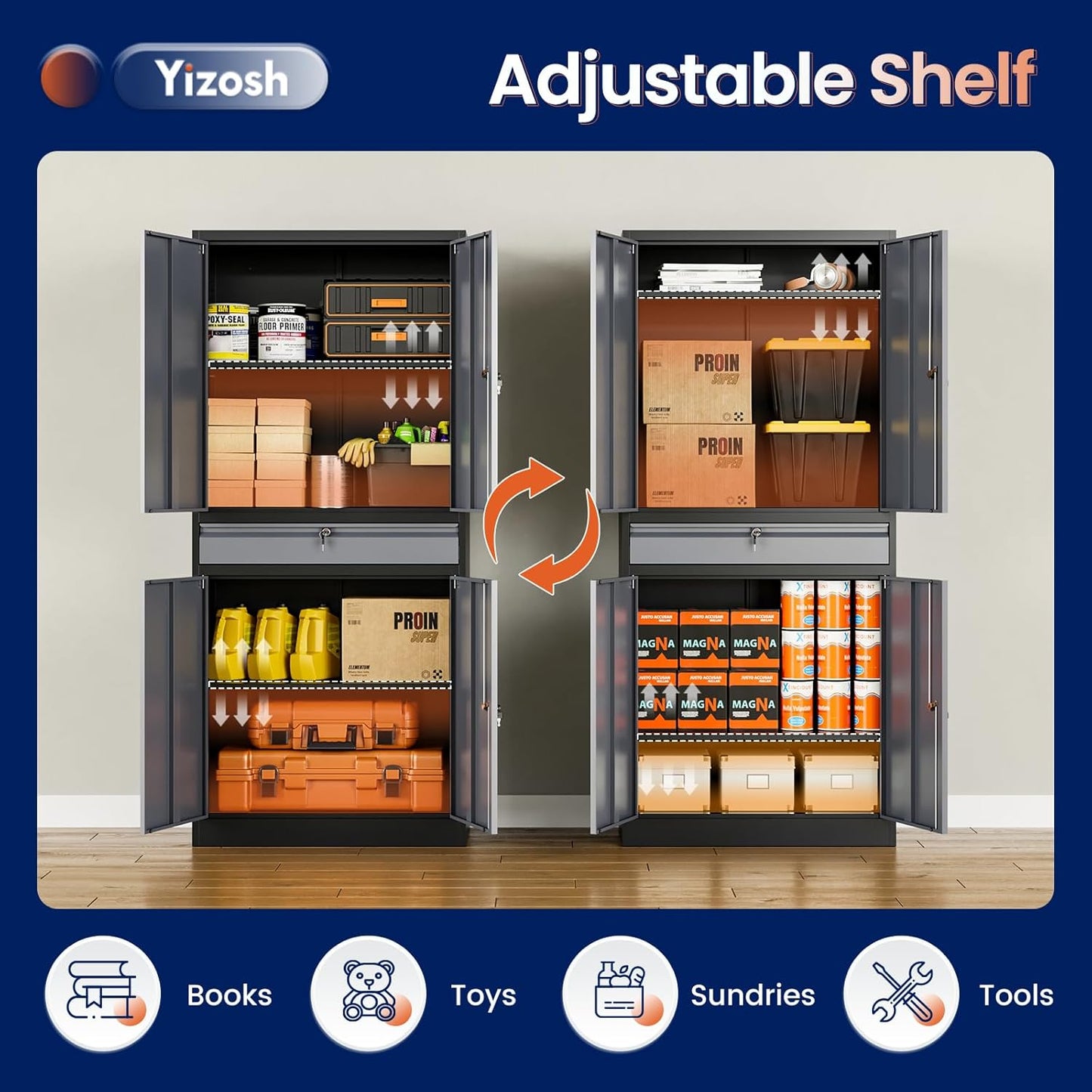 Yizosh Metal Garage Storage Cabinet with Locking Doors and Adjustable Shelves, 71" Steel Tool Storage Cabinet with 1 Drawer for Garage,Office,Warehouse (Gray Black)