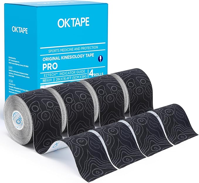 OK TAPE PRO Kinesiology Tape Uncut Roll, Elastic Physical Therapy Athletic Tape for Pain Relief, Muscle Support, Kinetic Tape, Water Resistant, 2in X 16.4ft -Black 4 Pack