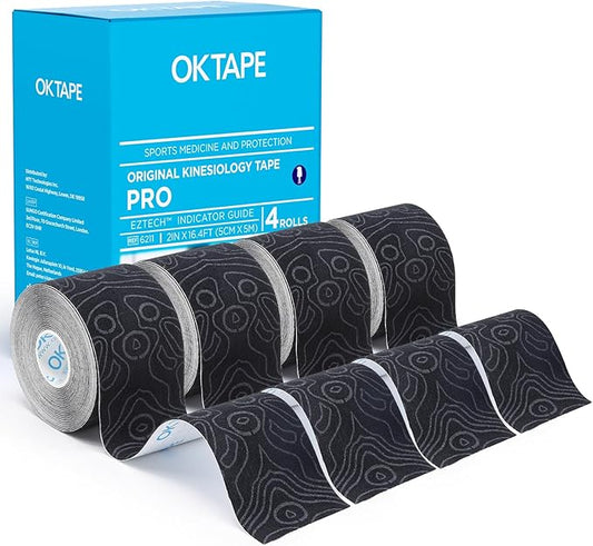 OK TAPE PRO Kinesiology Tape Uncut Roll, Elastic Physical Therapy Athletic Tape for Pain Relief, Muscle Support, Kinetic Tape, Water Resistant, 2in X 16.4ft -Black 4 Pack