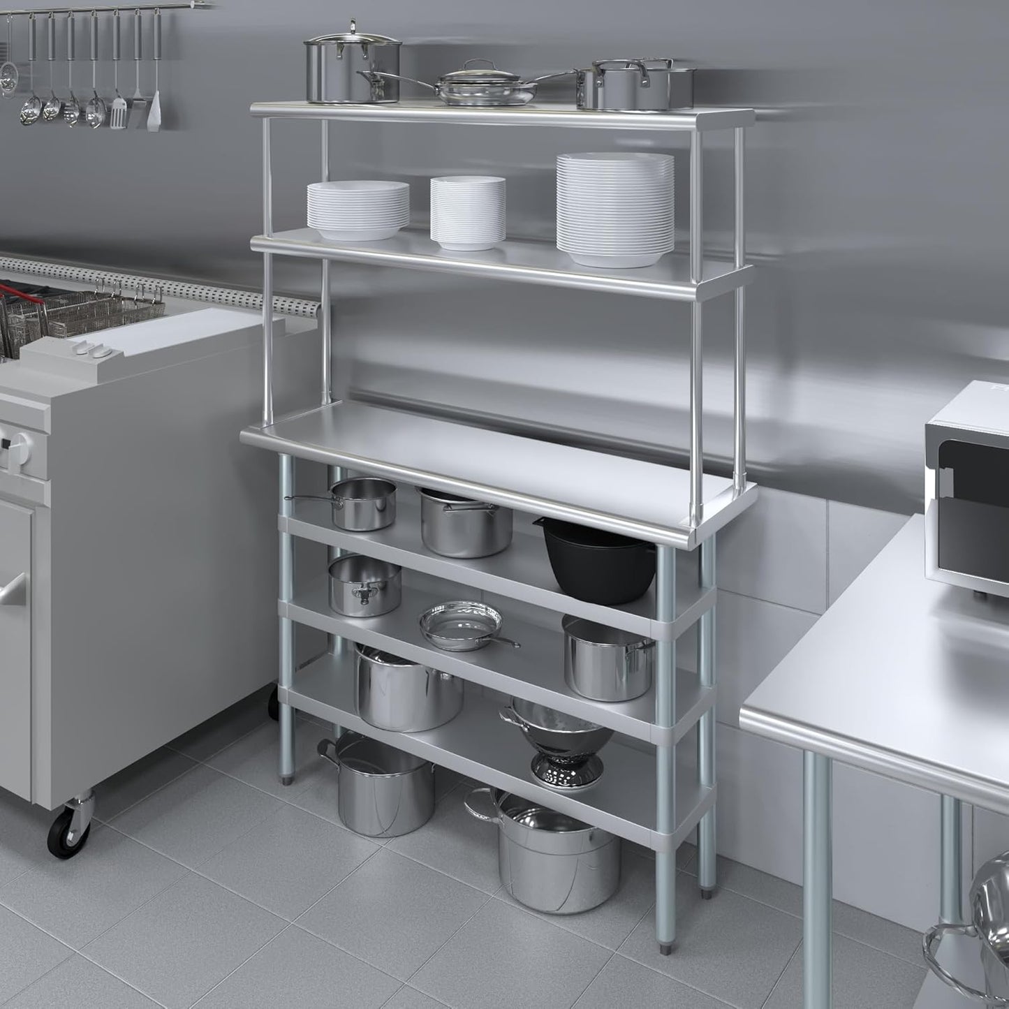 Amgood 14" x 48" Stainless Steel Work Table with 3 Shelves and 12" Wide Double Tier Overshelf | Metal Kitchen Prep Table & Shelving Combo | NSF