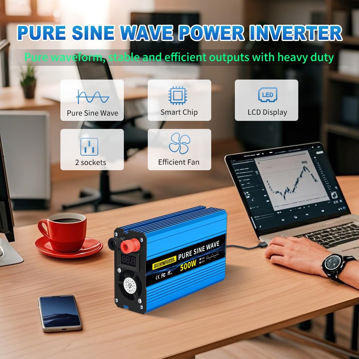 SUNWHEEL 500W Pure Sine Wave Inverter, 12V DC to 110V/120V AC Car Power Inverter with 2 AC outlets and LCD Display