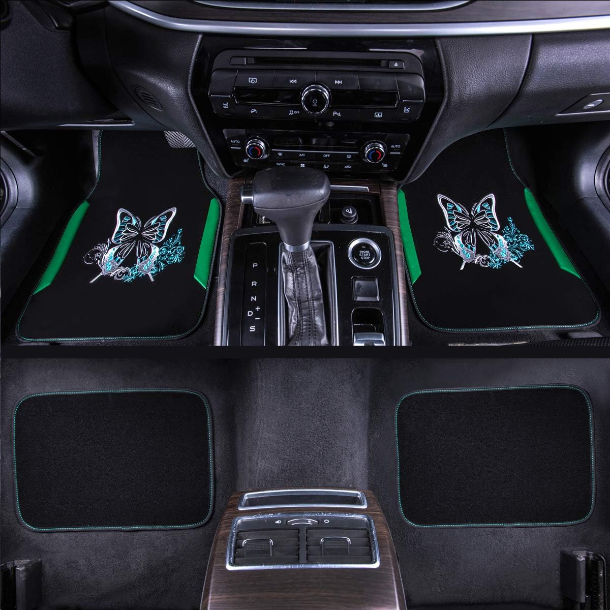 CAR PASS Embroidery Butterfly Car Floor Mats, Green Carpet Floor mats with Heel Pad, Universal Fit for Suvs,Sedans,Trucks,Cars, Set of 4 (Black and Green)