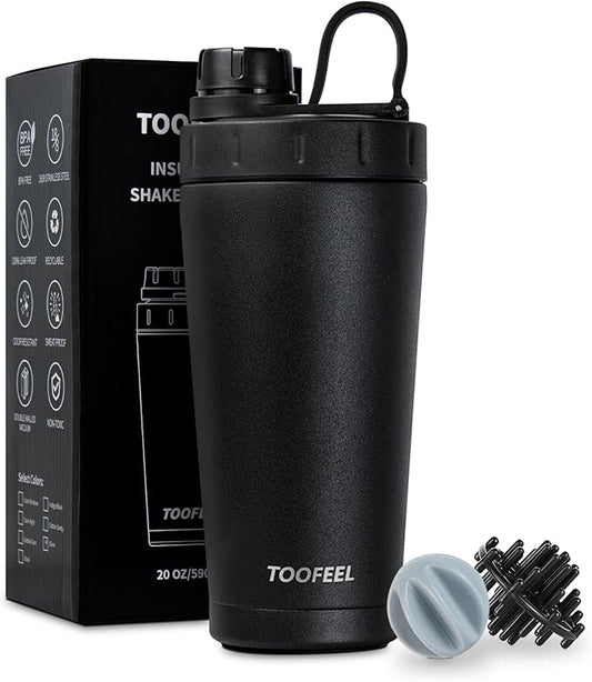 TOOFEEL Stainless Steel Shaker Bottle - 20 oz Double Walled Insulated Shaker Cup, Keeps Cold/Hot, For Protein Mixes & Gym Workout