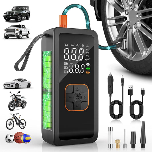 Tire Inflator Portable Air Compressor, 5X Faster Portable Air Pump for Car Tires, 150PSI Cordless Travel Air Pump with Digital Pressure Gauge for Cars, Bike & Motorcycle Tires, Ball