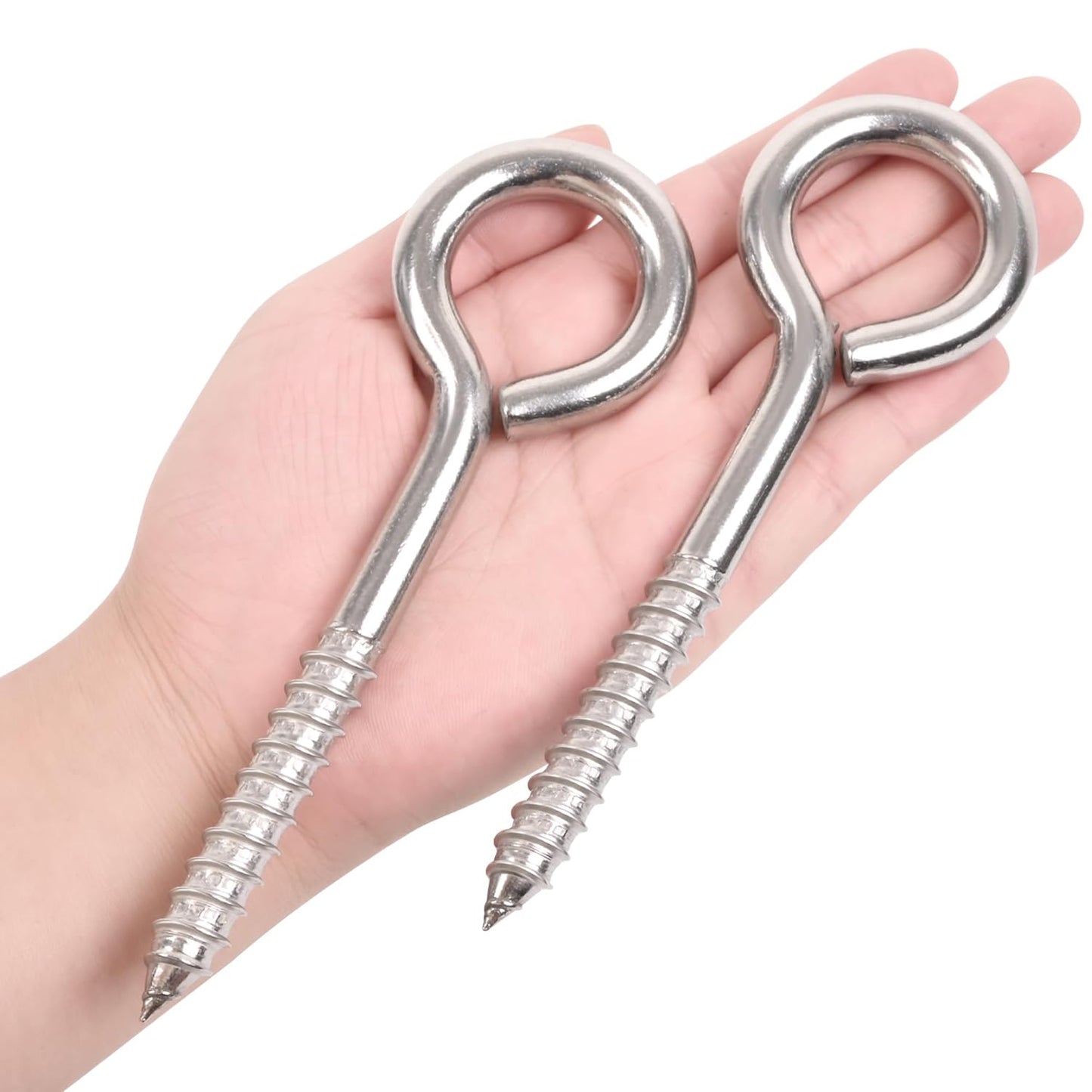 2Pcs 6 Inch Heavy Duty Screw Eyes Hooks, 304 Stainless Steel Self Tapping Eyelet Screw Eye Bolts,800LBS Breaking Strength, Screw in Eye Hooks for Wood Securing Cables Wire. (2, M10-6 Inch)