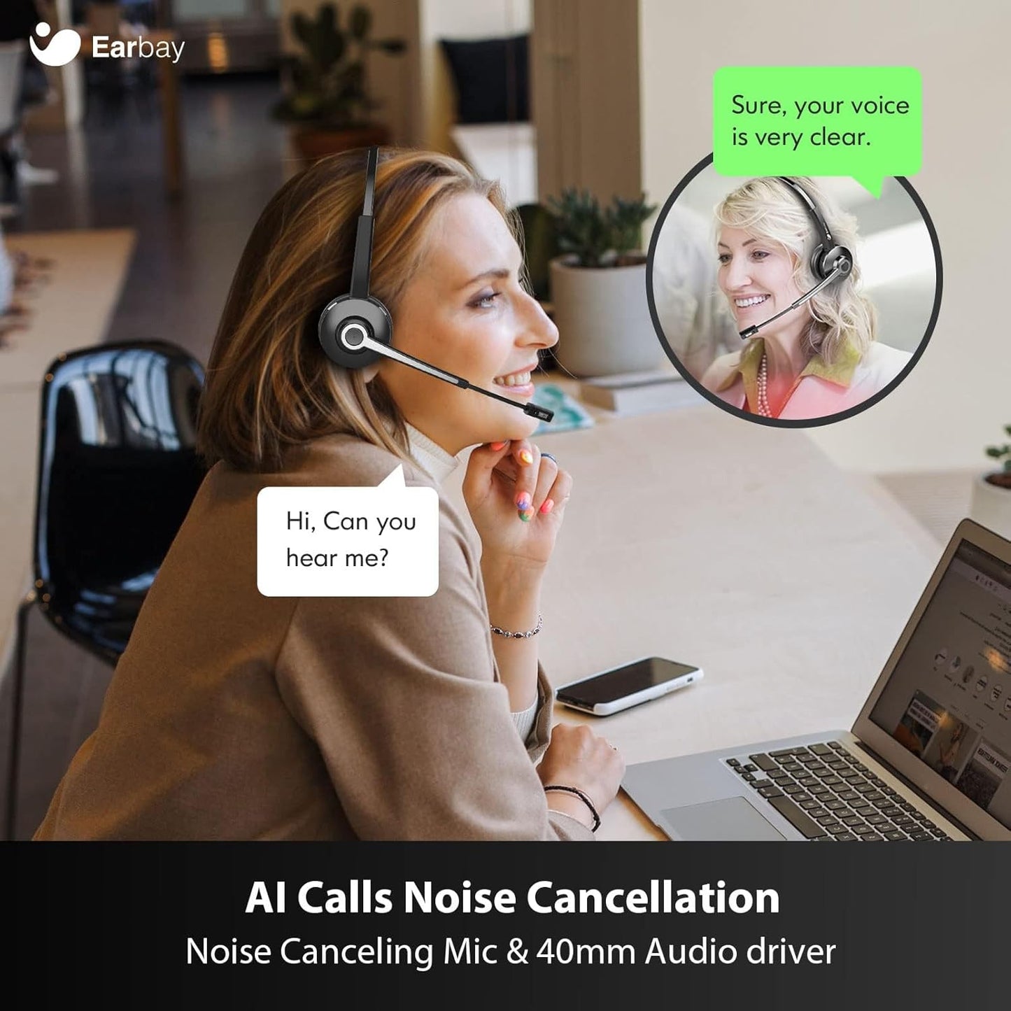 Earbay Trucker Bluetooth Headset, Wireless Headphones with Mic Mute & USB Dongle, Wireless Headset with Microphone Noise Canceling & Charing Base for Work/PC Computer/Phones/Office/Meeting