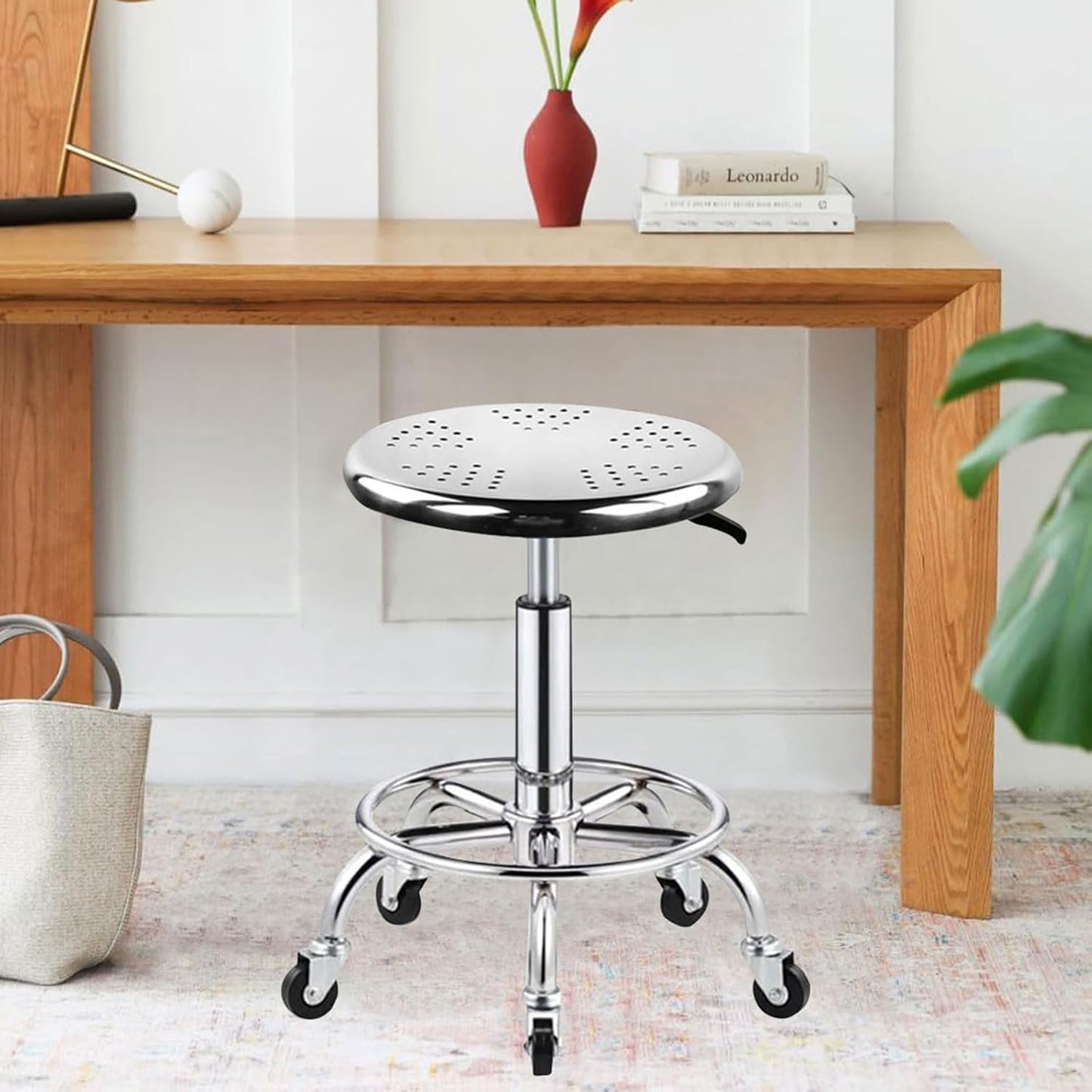 Rolling Stool, Stainless Steel Workbench Stool, Adjustable Swivel Stool Medical 5 Wheels, 304 Stainless Steel Structure Laboratory Round Pad, Load Capacity 445 lbs (Silver)