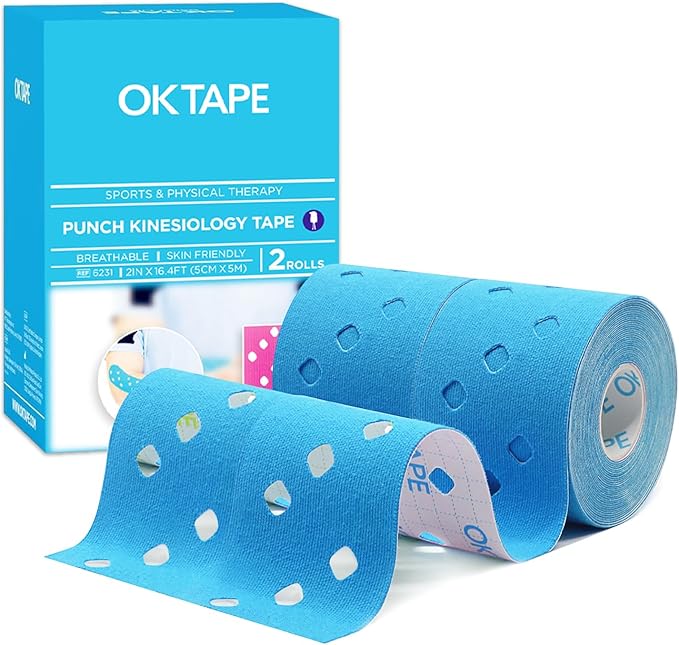 OK TAPE Punch Kinesiology Tape, Punch Hole Athletic Tape for Joints Support & Muscle Pain Relief,2 Rolls Blue,2in x 16.4ft