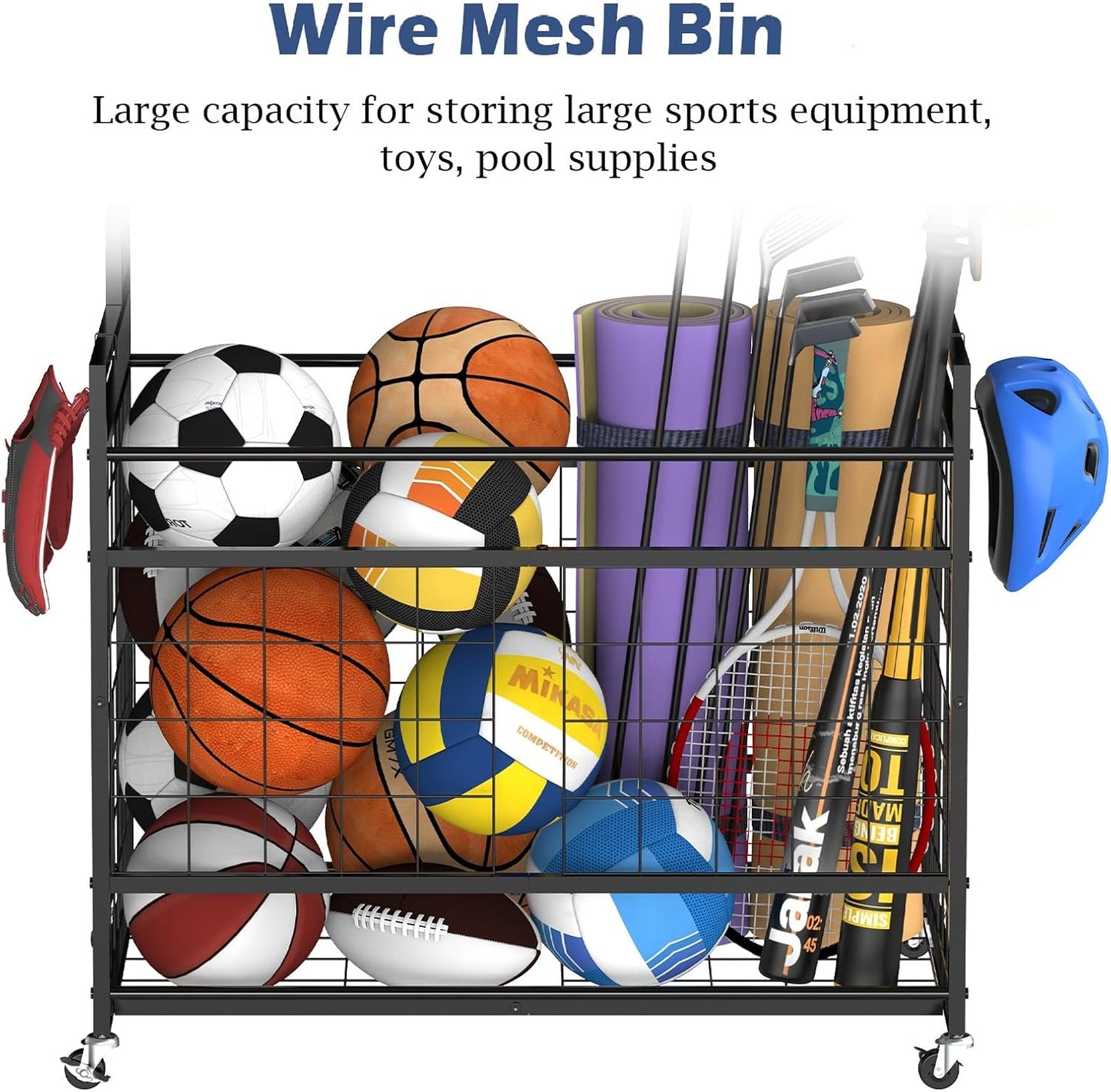 smusei Sports Equipment Organizer Garage Basketball Ball Holder for Sports Gear and Toys Garage Ball Storage Rack Cart with Wheels and Hooks for Volleyball Football Basketball, Indoor/Outdoor, Black