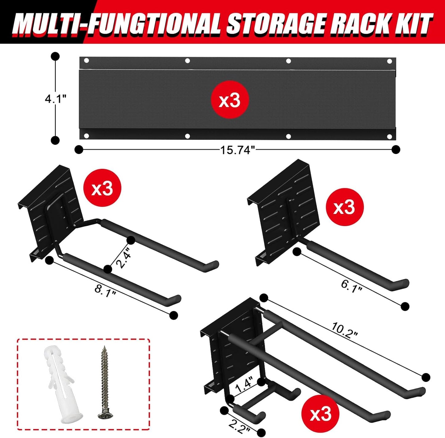 48 Inches Garage Organization,Wall Mount Garden Tool Organizer,660lbs Adjustable Heavy Duty Metal Hanging Hooks, Garden Tool Hangers Storage Rack for Garage, Yard, and Shed (3 Racks, 9 Hooks)