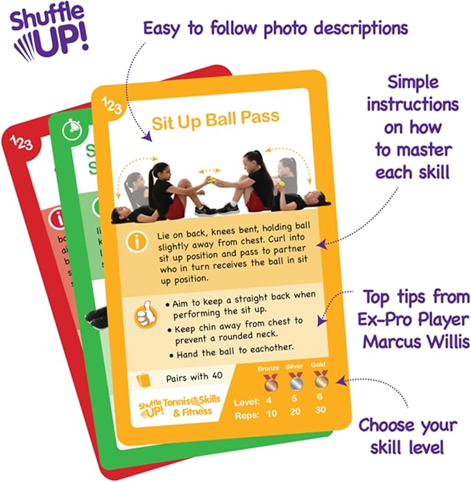 Shuffle Up Tennis Card Games - 70+ Fun & Active Skills Cards for Kids, Fitness Cards Develop Fundamentals, Stamina & Strength, Easy to Play for Kids | Multiple Skill Level Cards Include 2 Dices