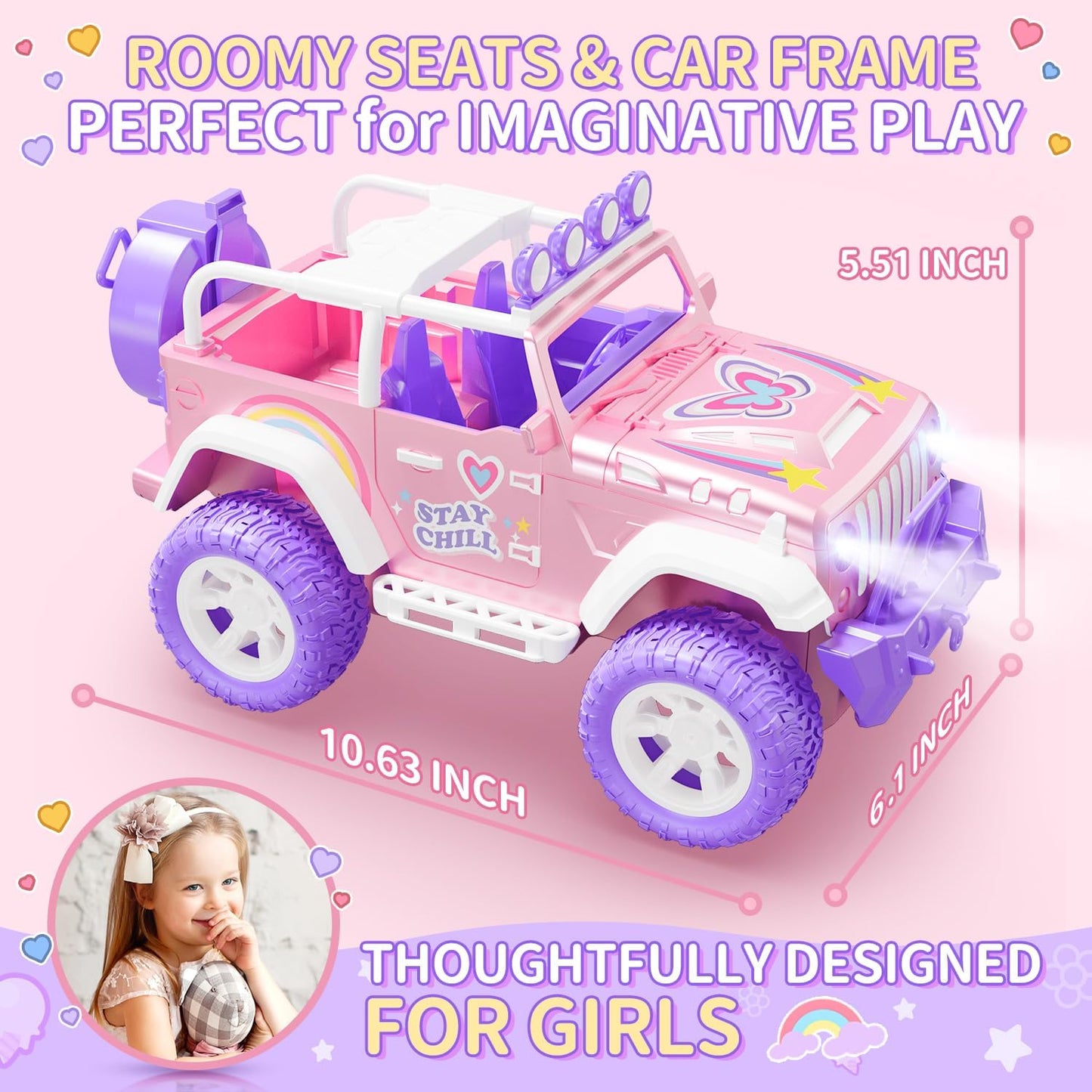 DEERC Pink Remote Control Car for Girls with Fog Mist & Music, 1:16 RC Car with LED Lights for Kids, 2.4Ghz All Terrain SUV Truck Gifts, Off-Road Racing Vehicle Toy Car, Girls Toys