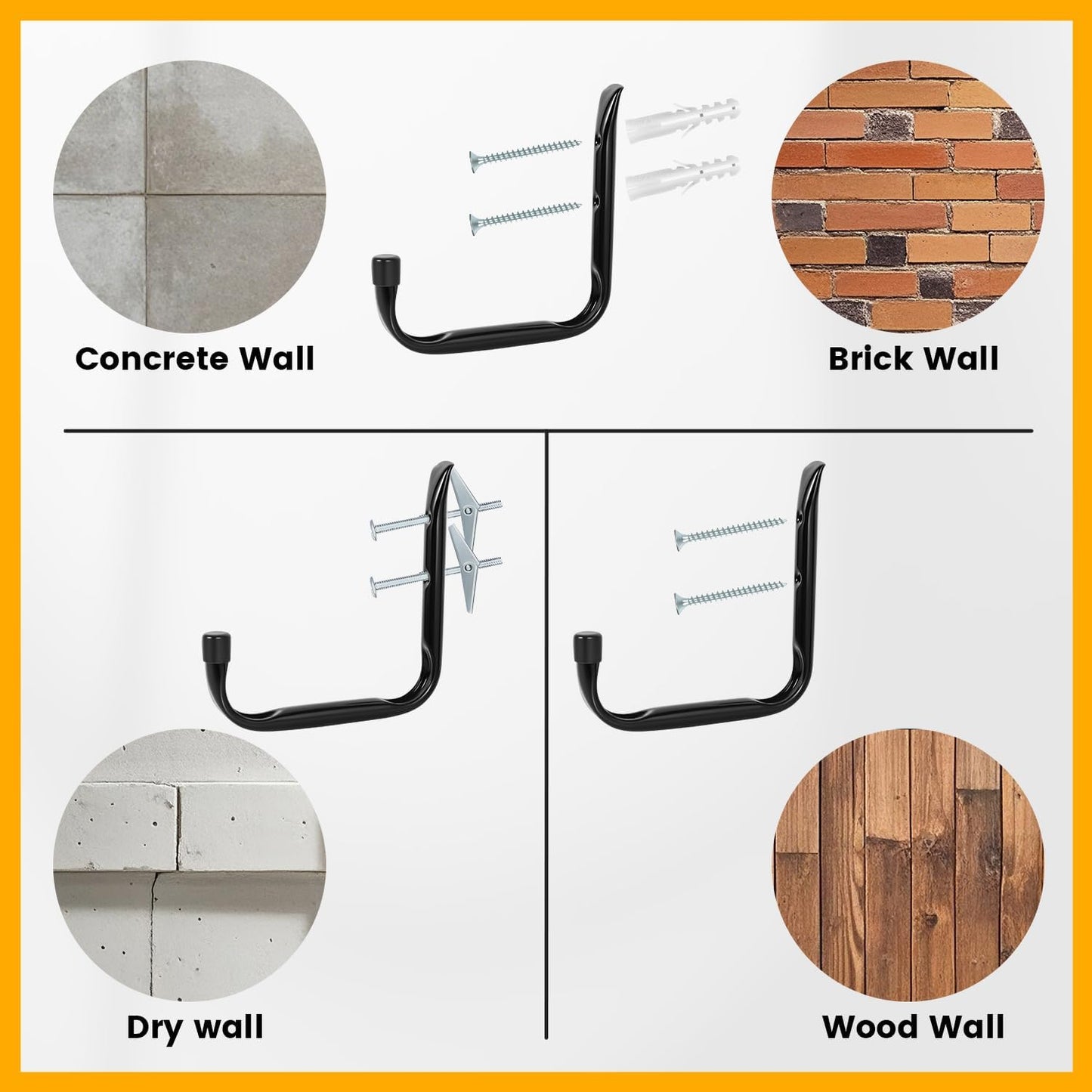 8-Pack Heavy Duty Garage Hook for Hanging 50 lbs, J Utility Hooks for Garage, Metal Wall Hooks Heavy Duty, Garage Hook for Hanging, Black