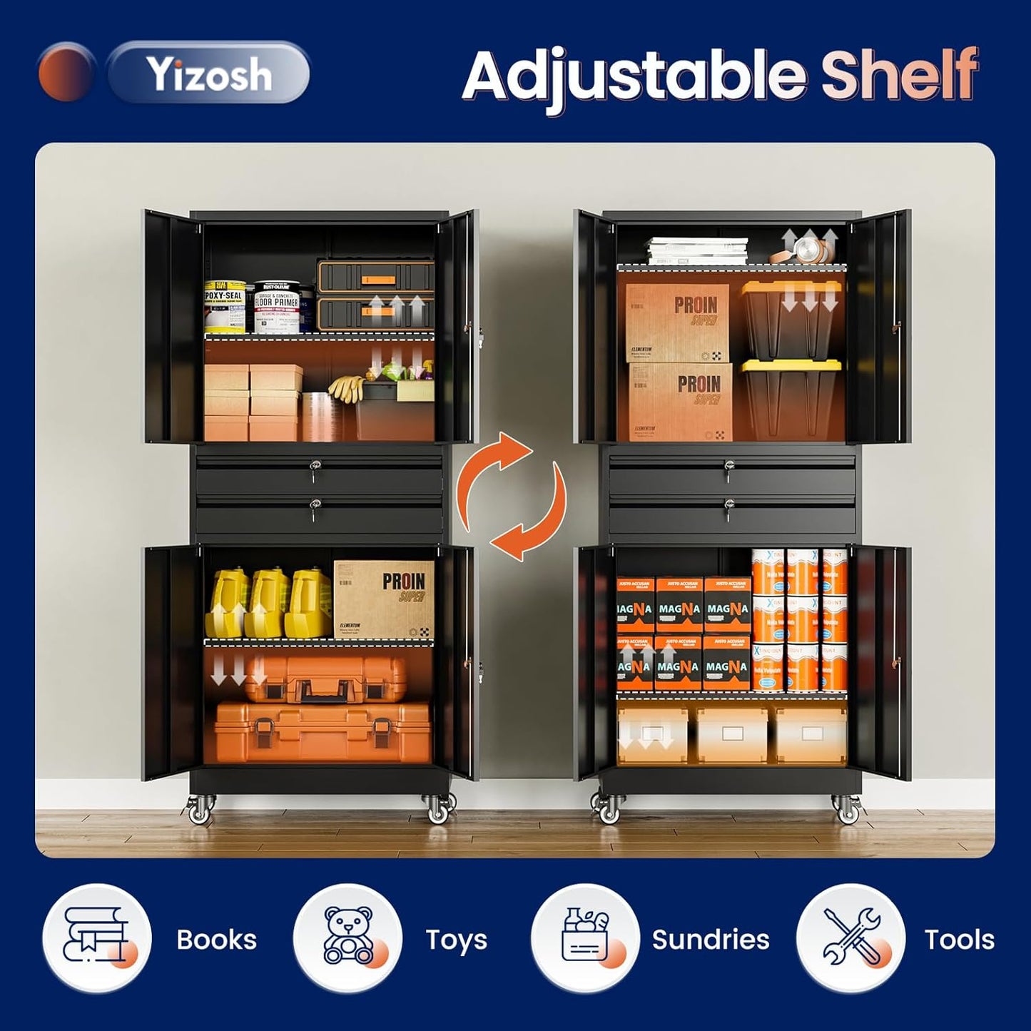 Yizosh Metal Garage Storage Cabinet with Locking Doors and Adjustable Shelves, 74" Rolling Tool Storage Cabinet with 4 Wheels and 2 Drawer for Garage,Warehouse