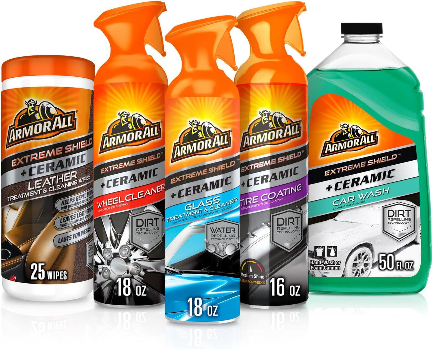 Armor All Complete Ceramic Exterior Car Cleaner Car Care Kit, Keeps Car Fresh and New, Includes-Leather Cleaning Wipes, Tire Coating Spray, Wheel Cleaner, Car Wash and Glass Cleaner, 5 Count