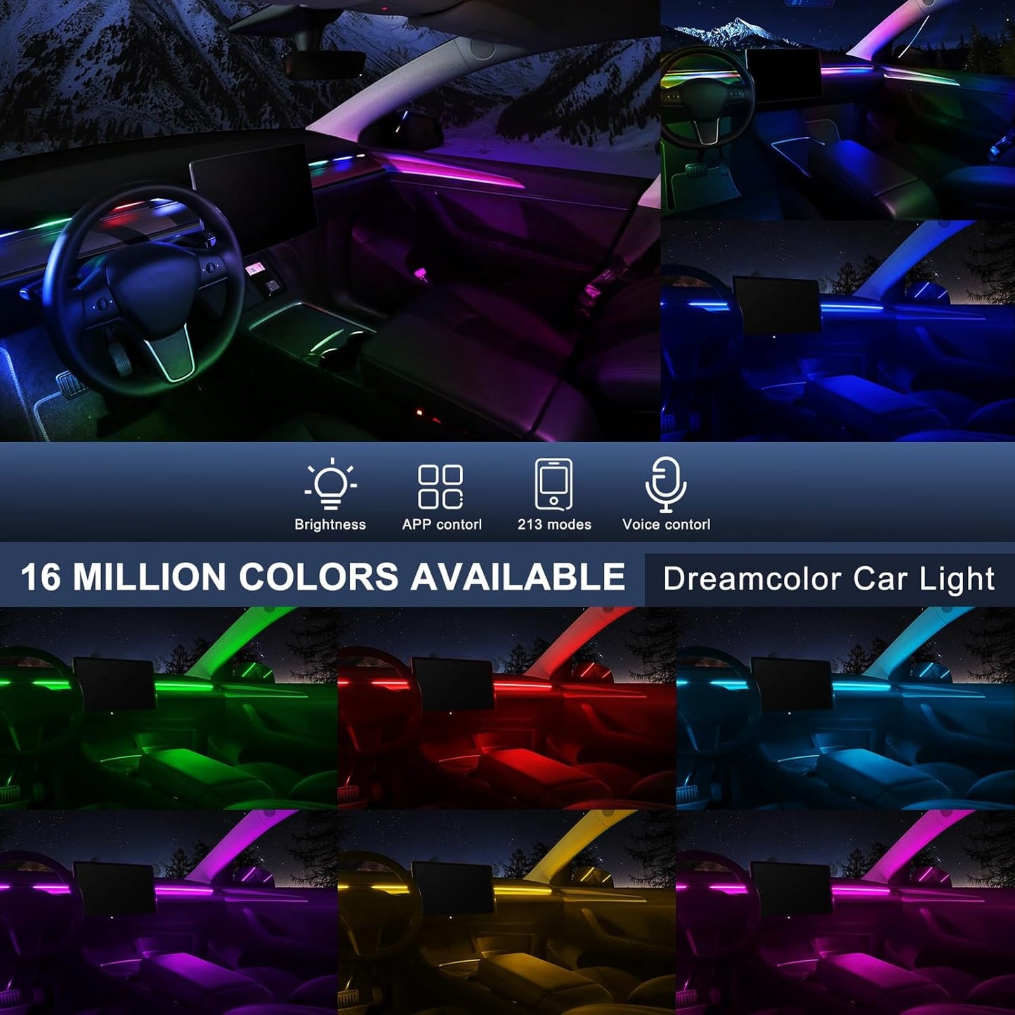 Dream+Color Acrylic Interior Car LED Strip Light with Motion Sensor Switch, 55.1 inches Neon LED Strip Light, RGB Colors Ambient Lighting Kits