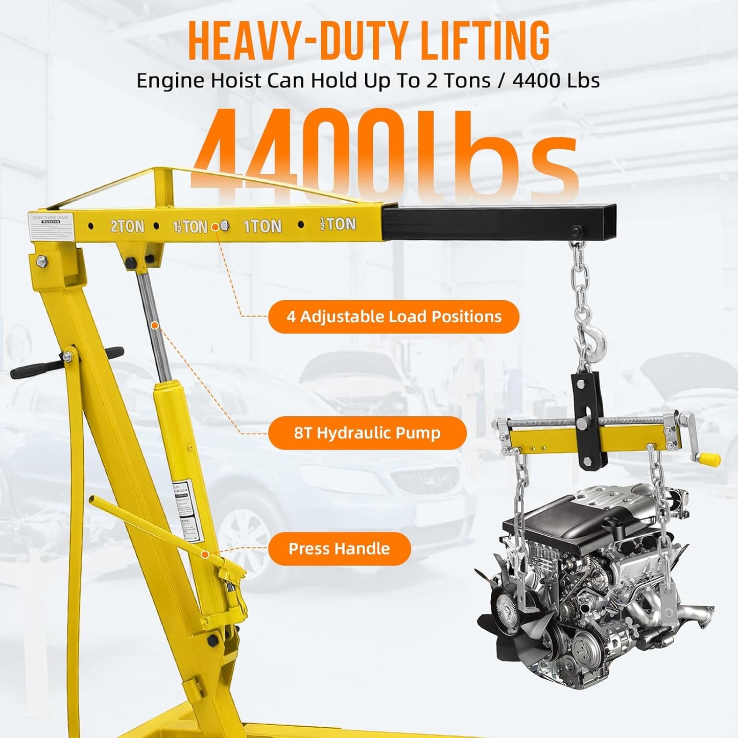 Engine Hoist with Lever, 2 Ton 4000 Lbs Heavy Duty Folding Cherry Picker Engine Lift Hydraulic Tilting, Shop Crane with Lever with 6 Caster for Garage, Car Shop, Auto Repair