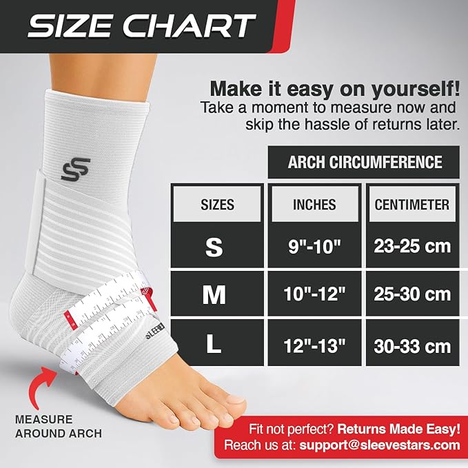 Sleeve Stars Ankle Brace for Women & Men, Ankle Wrap for Sprained Ankle, Compression Sleeve for Plantar Fasciitis Relief, Easy Customizable Support: w/Removable Strap (Single/L:12"-13"/White)