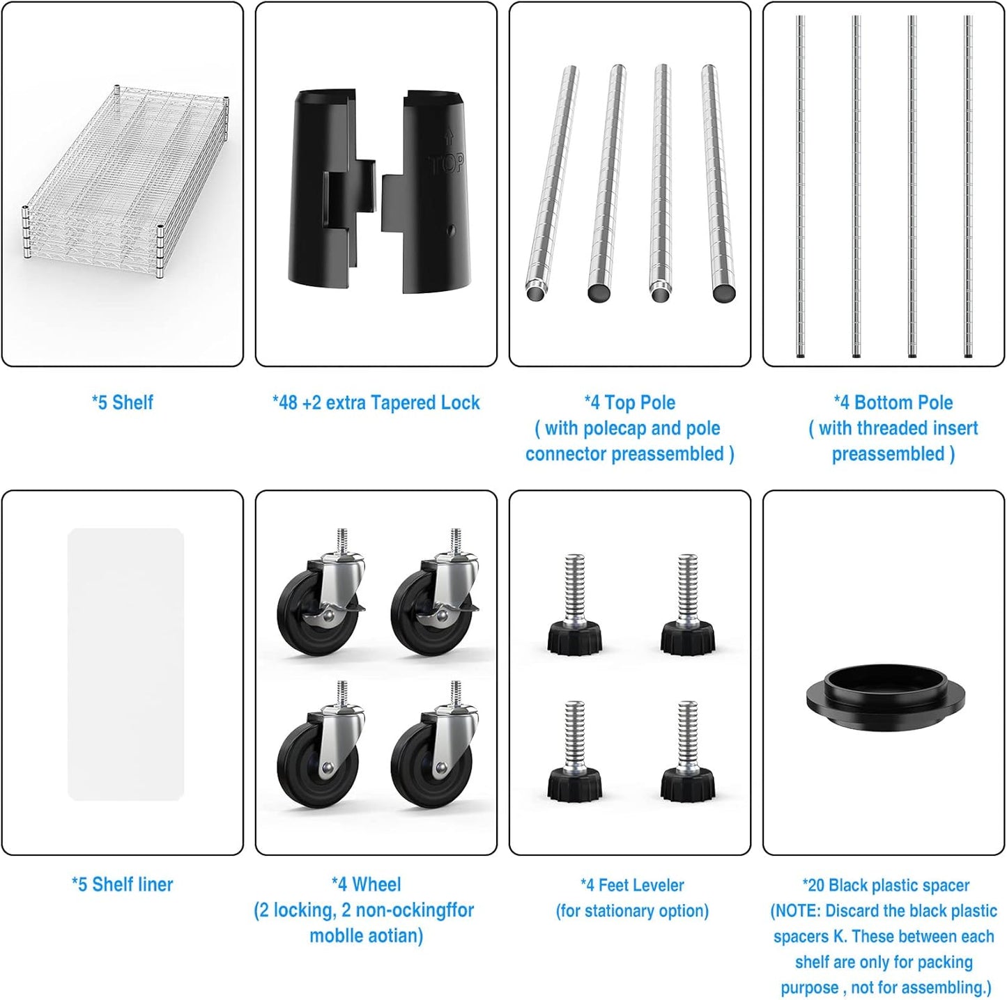 5 Tier NSF Metal Shelf Wire Shelving Unit, 6000lbs Capacity Heavy Duty Adjustable Storage Rack with Wheels & Shelf Liners for Commercial Grade Utility Steel Storage Rack , 82"H x 48"L x 24"D - Chrome