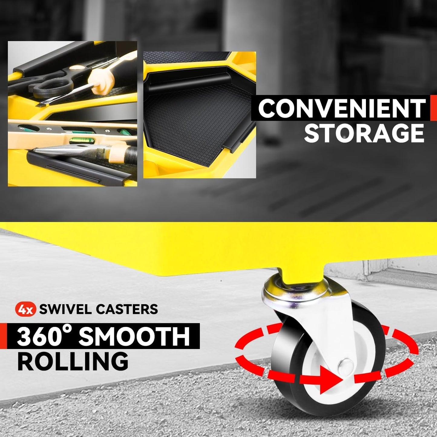 Auto Dynasty Mechanic Stool, Adjustable Rolling Pneumatic Creeper Garage Shop Seat with Tool Tray, 300 LBS Roller Seat for Workshop Auto Repair, Adjustable Height 15.7" to 21", Yellow