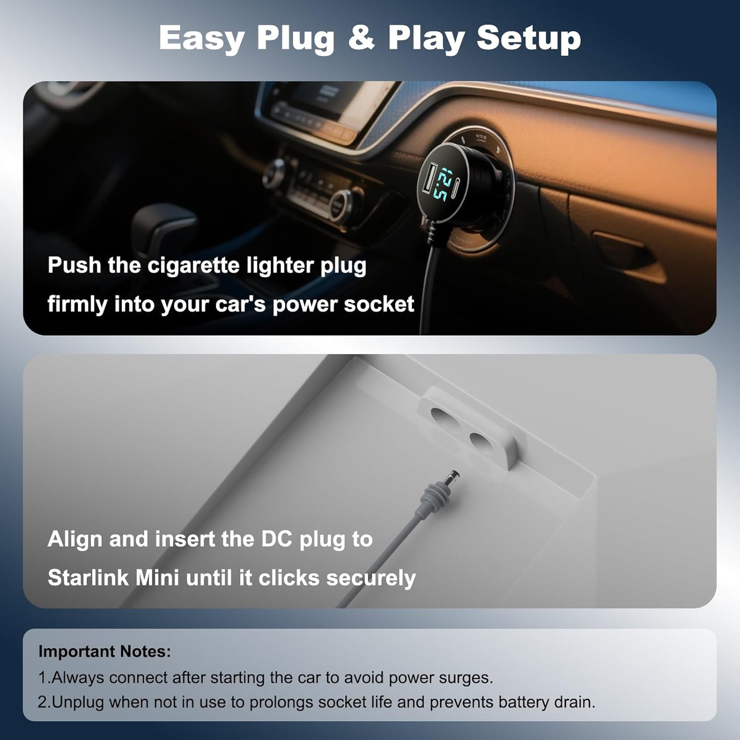 Starlink Mini Car Adapter 3M/10FT, Starlink Cable Car Charger 12V-24V, Starlink Mini Cigarette Lighter Adapter with Digital Display, Built-in Protections Starlink Accessories