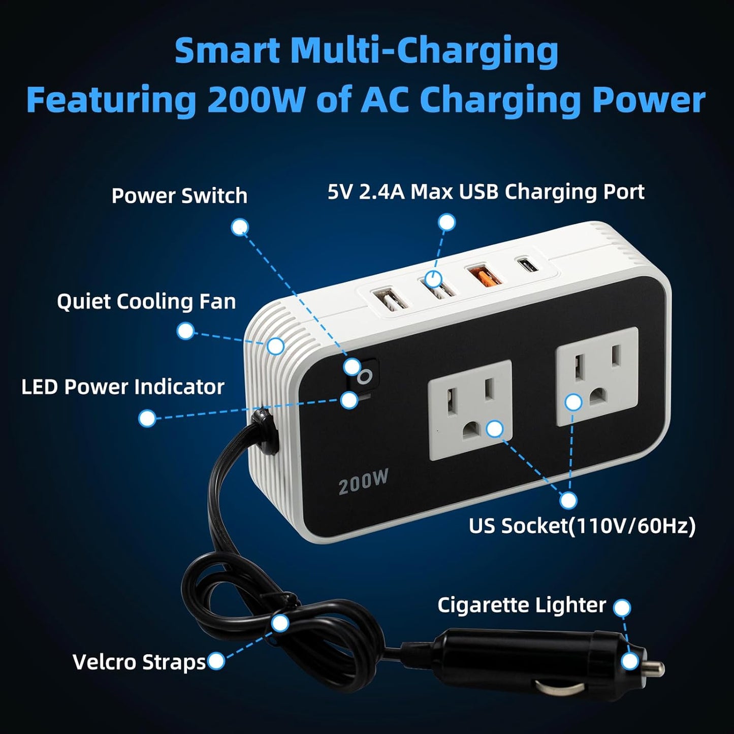 200w Automotive Power Inverter, 5v Dc to 110v Ac Automotive Converter, Automotive Adapter Plug Socket, 3 USB Ports, 1 Tep-C Port, Car Laptop Charger