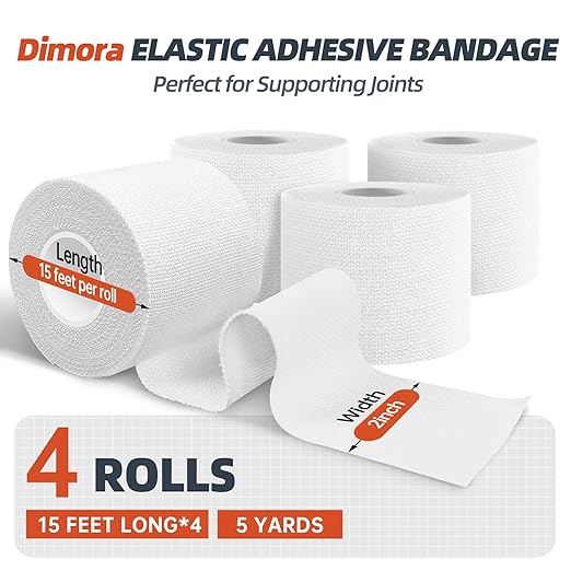 Dimora 4-Pack Elastic Adhesive Bandage Tape - Durable Elastic Tape for Joints Support and First Aid Kit, No Sticky Residue, Strong Bandage Wraps for a Pained and Tender Joint