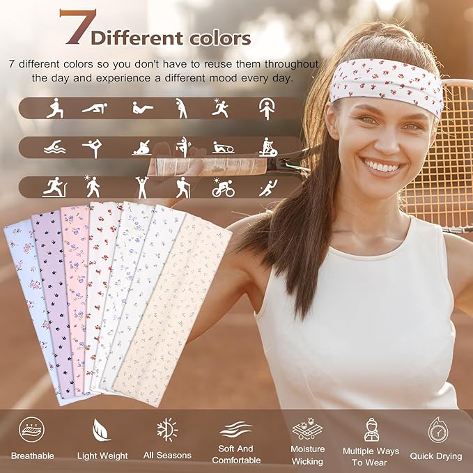 Headbands for Women Non Slip - 7PCS Fashion Sports Hair Bands for Women's Hair, Soft Cotton Cloth Stretchy Headbands for Women for Workout Yoga Running