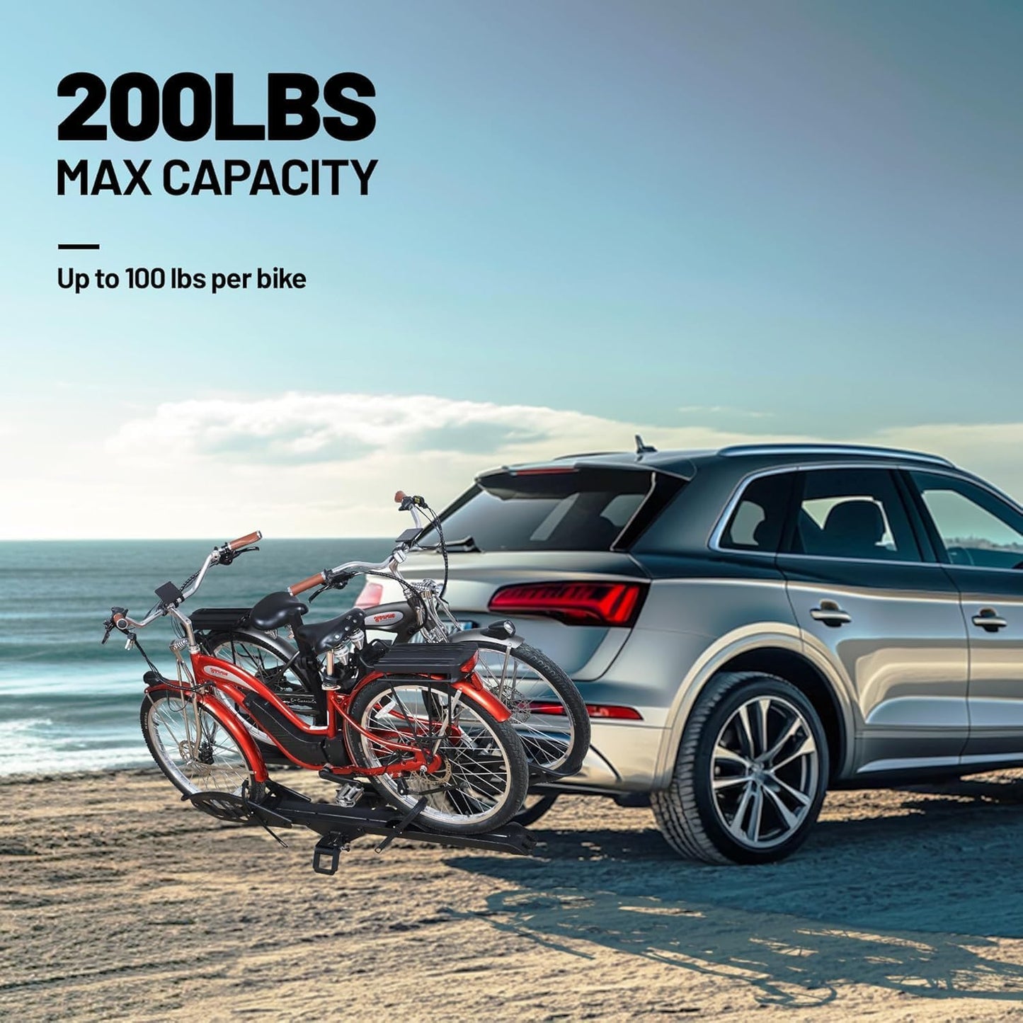 200 lbs E-Bike Rack Hitch Mount Platform Style for Cars Trucks SUVs Vans RVs, Easy Fold with One Hand, fits Bikes with Up to 5-inch Fat Tire